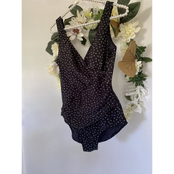 Snozu Vtg Black Polka Dot Stretch Nylon Slimming Ruched One Piece Swimsuit Sz 10 - Picture 9 of 12